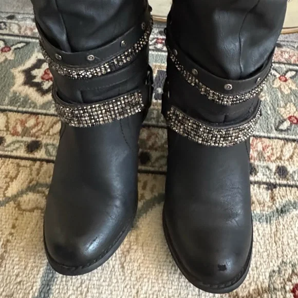 Not Rated Stacey High Harness Slouchy Boots Rhinestone Straps And Buckles - Picture 11 of 16